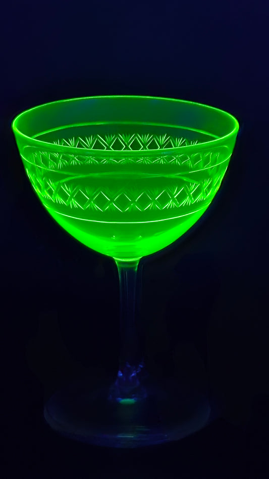 Wheel-Engraved Uranium Glass Cocktail Coupe (Europe, c. 1920–1940)