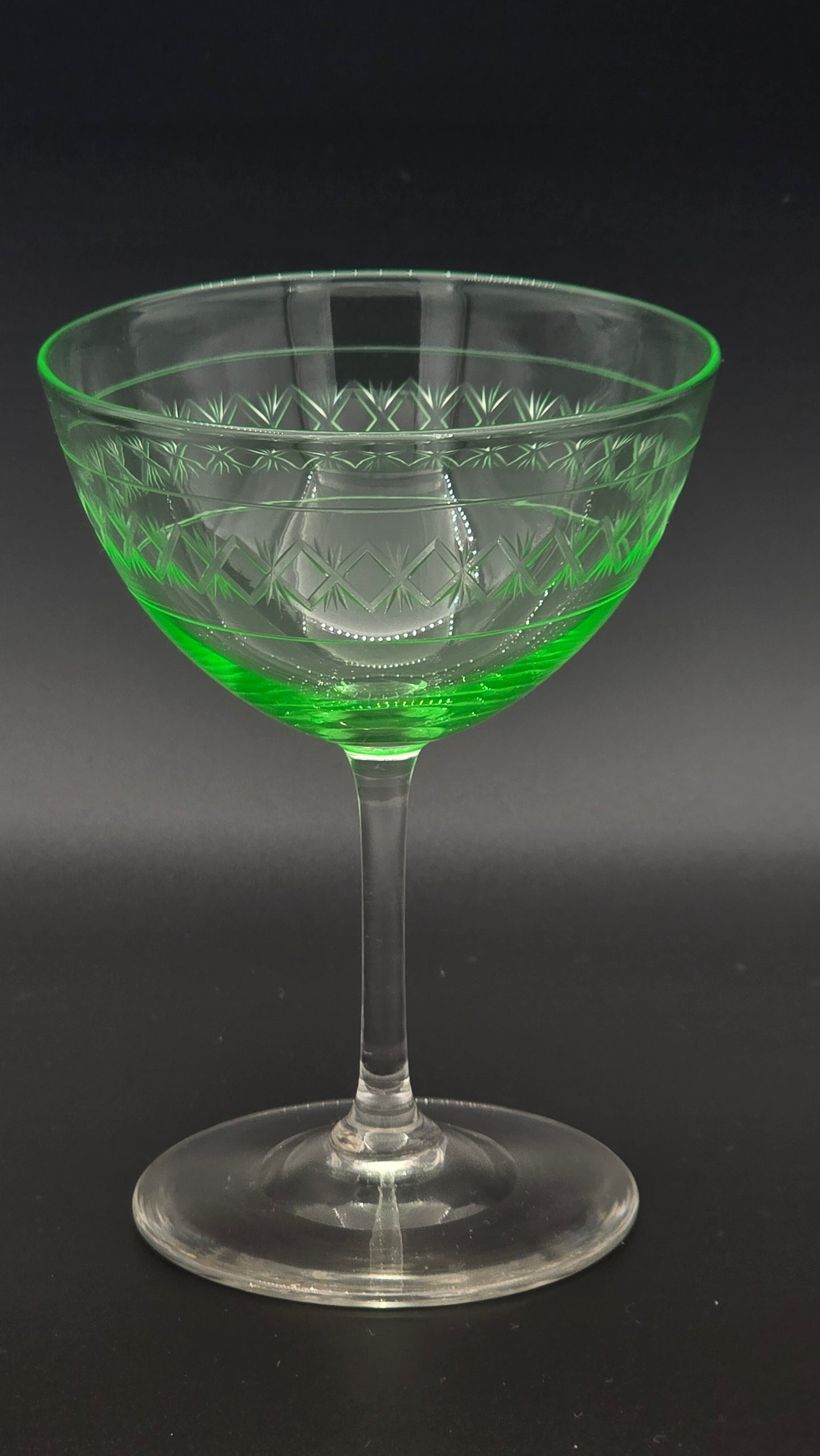 Wheel-Engraved Uranium Glass Cocktail Coupe (Europe, c. 1920–1940)