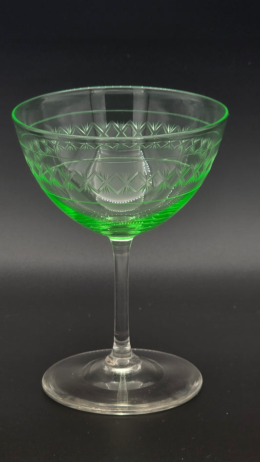 Wheel-Engraved Uranium Glass Cocktail Coupe (Europe, c. 1920–1940)